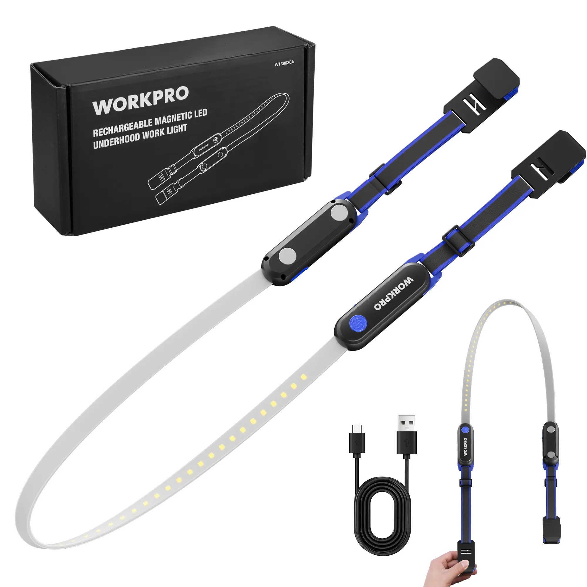 #summersale WORKPRO Rechargeable Underhood Work Light, 25inch Long Foldable LED Work Light Bar, 3 Lighting Modes with Adjustable Straps and Hooks, Magnetic Light for Car Repairing/Garage/Workshop/Emergency