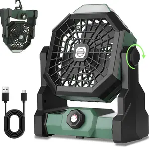 EVEREASY Camping Fan with LED Lantern, 9in 270°header Rotation Battery Operated USB Fan, Stepless Speed Rechargeable Portable Quiet Fan for Camping, Travel