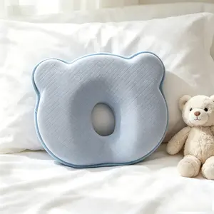Cute Bear Memory Foam Baby Pillow, Breathable Anti‑Flat Head Cushion in Blue & Pink