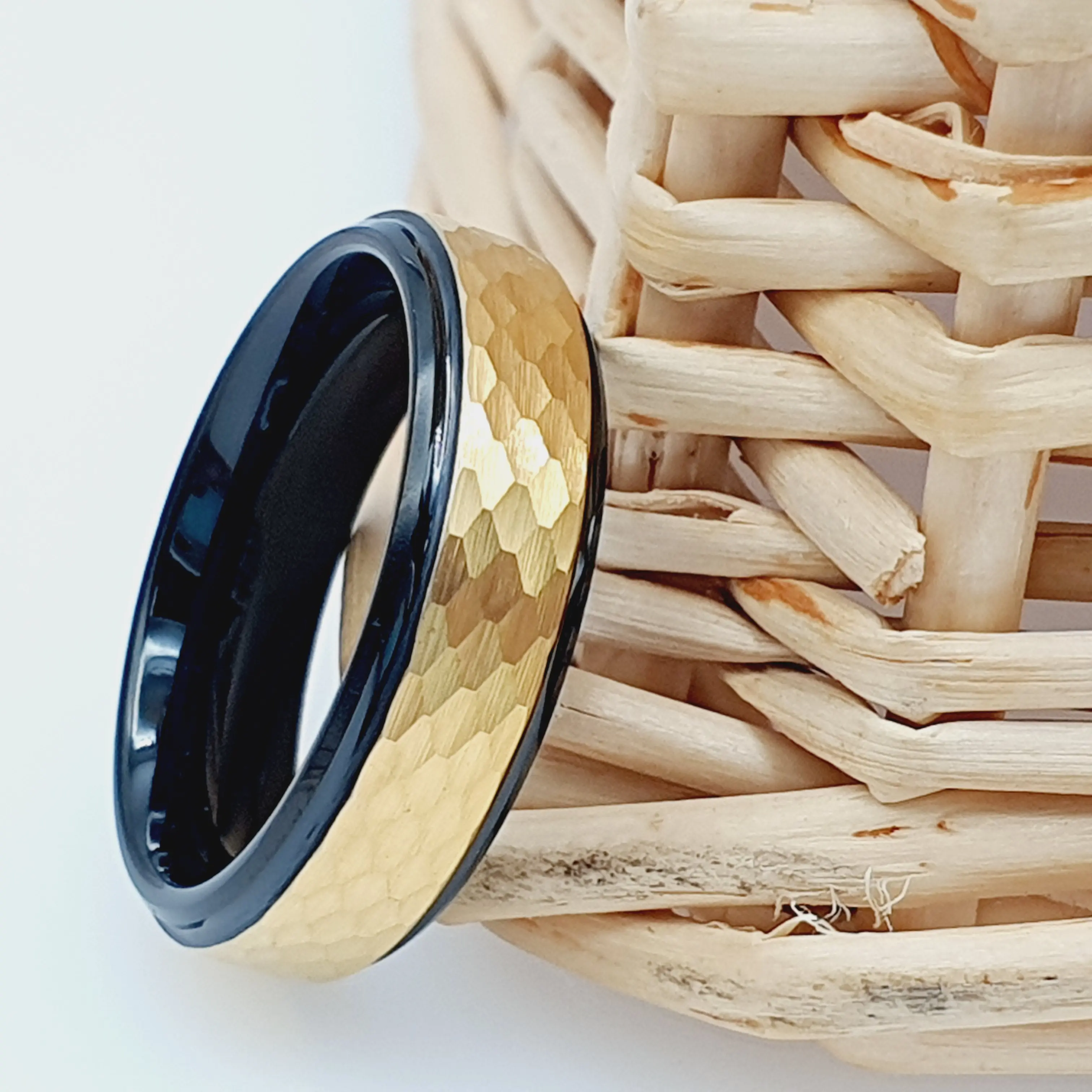 Gold Hammered Wedding Band for Men, 6mm Mens Wedding Ring, Couple Wedding Band, Black Engagement Ring