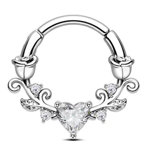 Oufer 16G Heart CZ Symmetrical Roses Hinged Segment Septum Ring