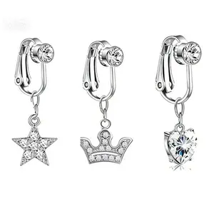 3 PCS Adjustable  Clip-On Belly Button Ring - No Piercing CZ Dangle Navel Ring (Heart/Star/Crown)
