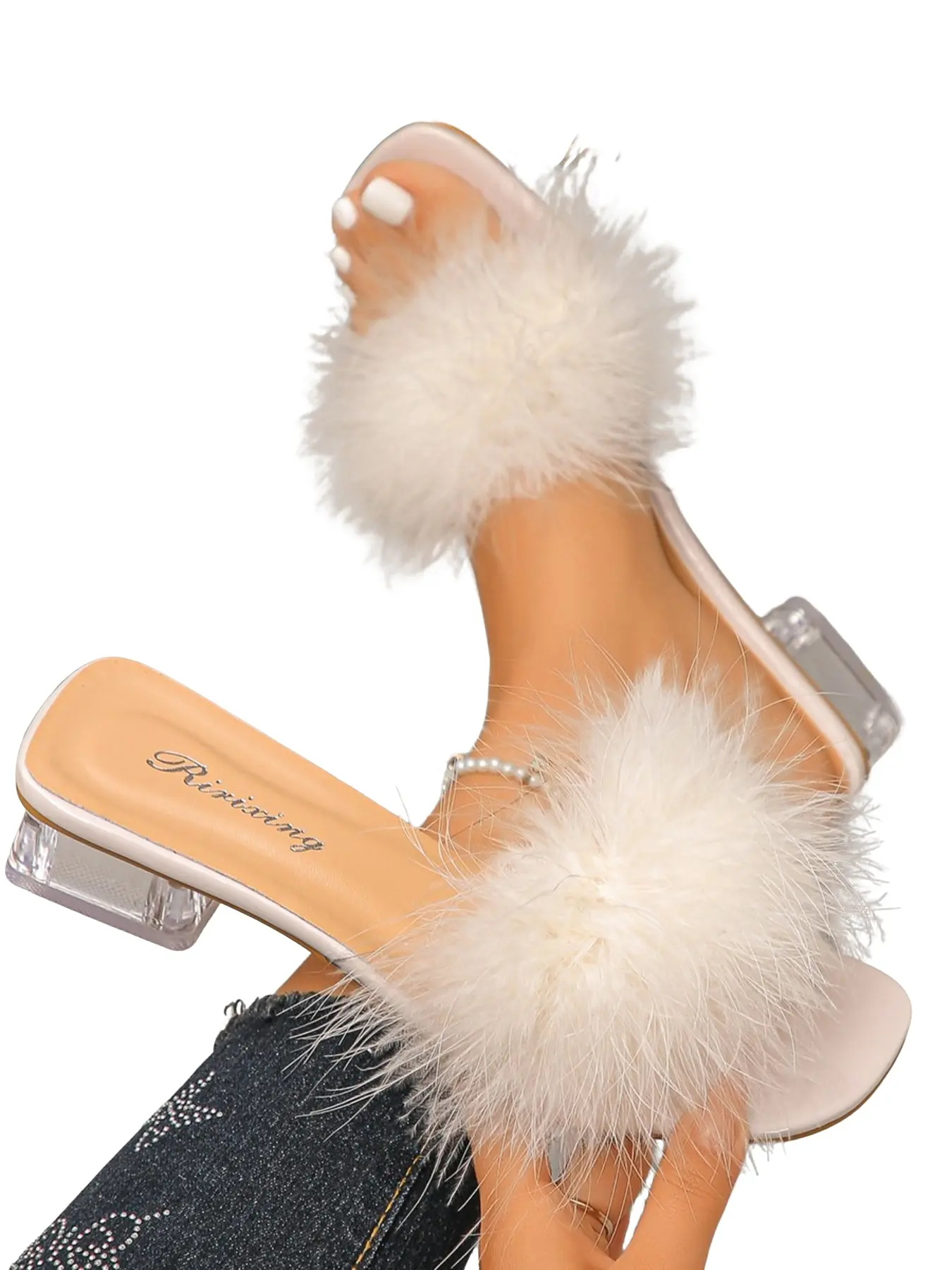Women's Plush Elegant Open-Toe Crystal Heel Slippers, Casual Summer Sandals, Soft Sole Comfortable Shoes, Perfect for Parties and Dates, Non-Tiring Footwear, Embellished Sandals