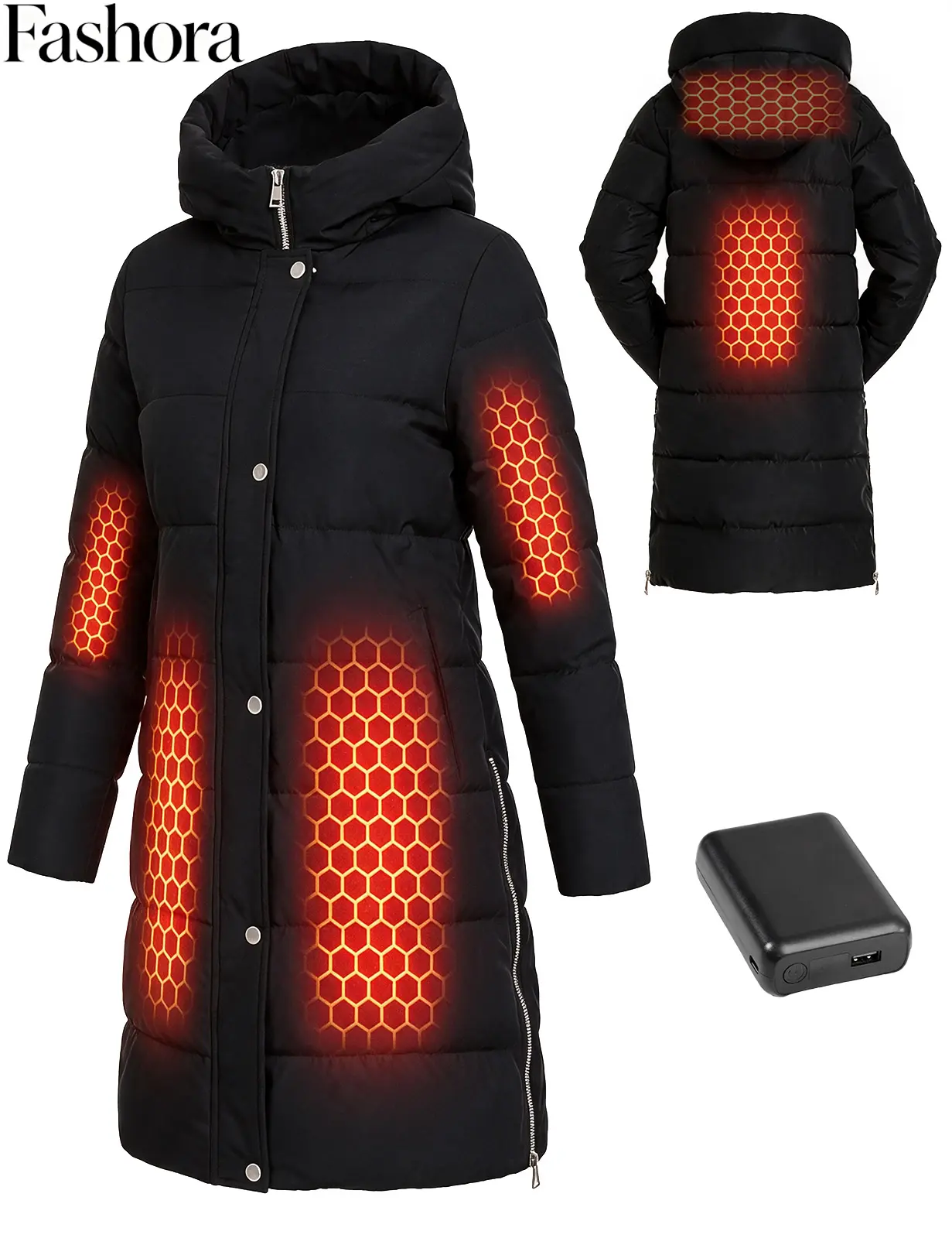 FASHORA Graphene Women Heated Jacket 12V Fast Charge 18400mAh Large Capacity Fabric Womenswear