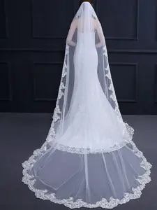 European and American Style Long Train Bridal Veil, Single Layer Lace Trim, Elegant Floor-Length Tulle Veil, Wedding Headpiece for Photos and Ceremonies