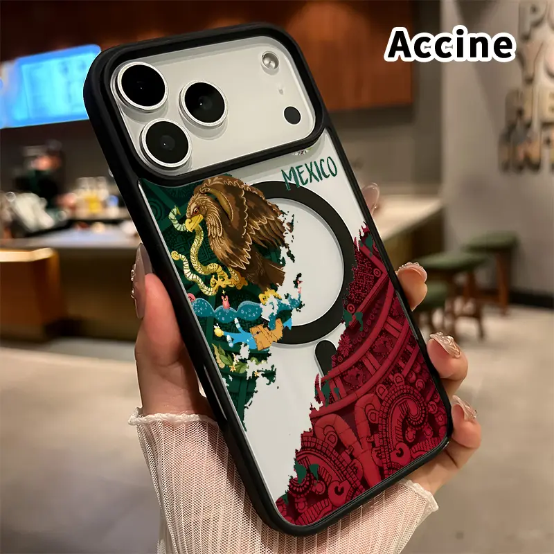 Magnetic Soft Silicone Phone Case Accessory for iPhone 17/16 Pro Max Plus/15/14/13/12/11/Air E, Transparent Acrylic Protector, Mexican Eagle Heritage Pattern, Anti-Fingerprint, Non-Yellowing, Durable Drop-Shockproof, Wireless Charging Support
