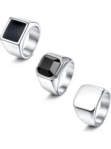 3Pcs Stainless Steel Signet Rings for Men Women Black Silver Simple Square Agate Solid Polished Biker Band Pinky Thumb Rings Set Size 7-13