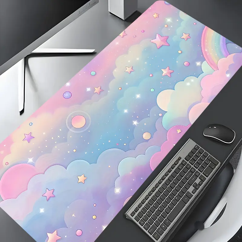 Pink Pastel Galaxy Cloud Design Large Gaming Mouse Pad,Aesthetic Desktop Protection Pad,Washable Rubber Non-Slip Lock Edge Multi-Size Mouse Pad,Suitable For Home Office,Office Desk Accessories,Gaming Desk Accessory,Girly Office Supplies