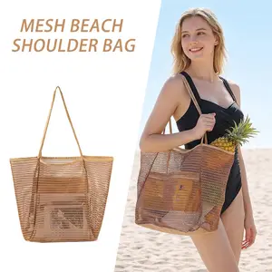 Aesthetic Mesh Beach Bag Oversized Summer Handbags Women Large Capacity See-Through Tote Vacation Essentials