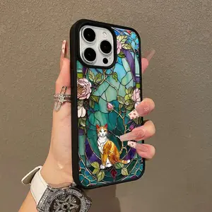 Aesthetic Stained Glass Cat Flower Magnetic TPU Smartphone Casing, Protective Ultra-Thin Shockproof Cellphone Case for iPhone 11-17 Series, Cute Handheld Gift for Cat Lovers (Mobile Accessories)