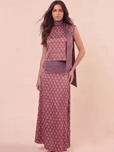 LikemyChoice 2026 Elegant Retro Print Satin Two-Piece Set | Sexy Sleeveless Scarf Neck Halter Top & Flowing Maxi Skirt | Euro Summer Vacation Old Money Matching Set