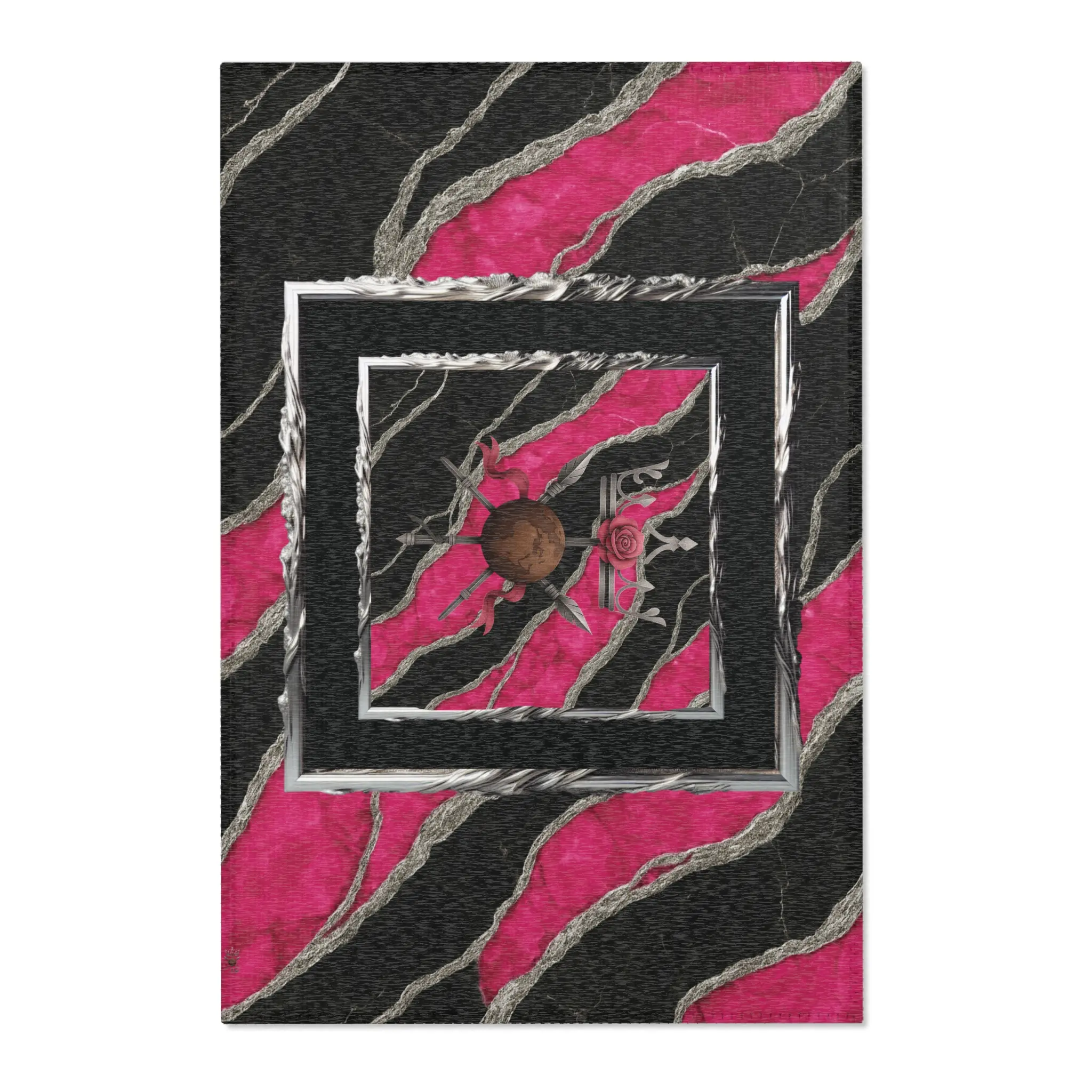Pink & Silver Marble with a Silver framed Emblem Area Rug, Luxury Modern Home Décor, Elegant Living Room Accent, Soft Polyester Floor Rug, Brown and Brilliant Collection