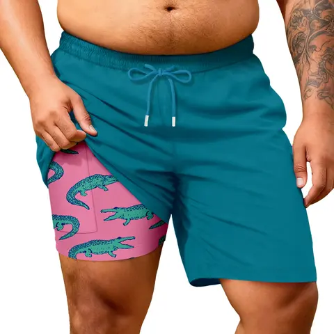 SONICDEGREE Men's Plussize 2-in-1 Stretch Sports Swimming Shorts - Ergonomic Activewear Swim Bottoms with Compression Liner, Quick Dry Geometric Animal Print, Zipper Pockets, 8"-10" Inseam, Breathable, Built-In Phone Pocket, Adjustable Strap, Obsidian