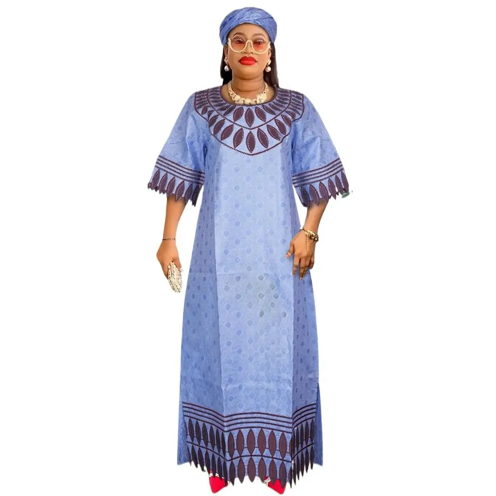 Women's Fashion Ethnic Sleeveless Bazin Dress, Traditional African Dashiki Gown with Embroidery for Wedding Party, Plus Size Robe with Headtie