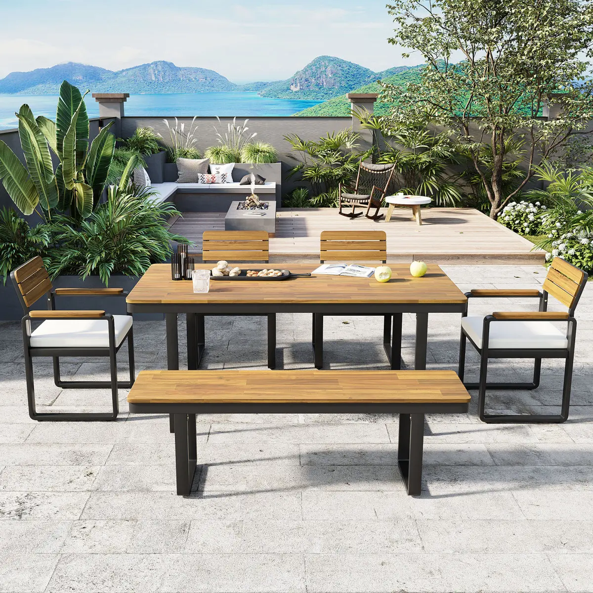 [Bellemave] 6-Piece Outdoor Dining Set, 1 Table with 4 Chairs & 1 Bench for 6-7 Person, Comfortable Cushions on Chairs, Adjustable Feet, for Patio, Garden, Backyard Dining