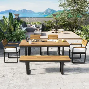 [Bellemave] 6-Piece Outdoor Dining Set, 1 Table with 4 Chairs & 1 Bench for 6-7 Person, Comfortable Cushions on Chairs, Adjustable Feet, for Patio, Garden, Backyard Dining