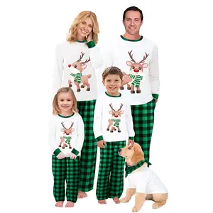 Family Matching Christmas Pajamas Reindeer Print 2Piece Family Holiday Pajamas Xmas Outfit Long Sleeve Elk Print T-Shirt Top + Elastic Waist Plaid Pants Set Sleepwear Xmas Jammies