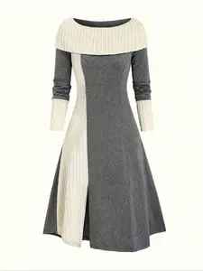 Elegant Colorblock Jacquard Long Dress, Stand Collar, Dual-Tone Design, High Fashion Women's Clothing, Perfect for Special Occasions