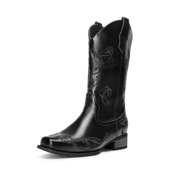 Dream Pairs Women's Embroidered Mid-Calf Cowgirl Boots - Square Toe, 1.5-in Padded Low Heel (1-3 cm), Thick PU Fabric, Cushioned Insole, Cowboy Aesthetic, Casual Daily Wear Footwear