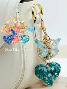 Fashion Butterfly & Tassel Decor Heart Shaped Keychain, Cute Bag Charm for Women & Girls, Trendy All-match & Exquisite Keychain for Birthday Gift, Fashionable Alloy Keychain, Keychain for Bags, Cute Keychain Accessory, Heart Design Keychain