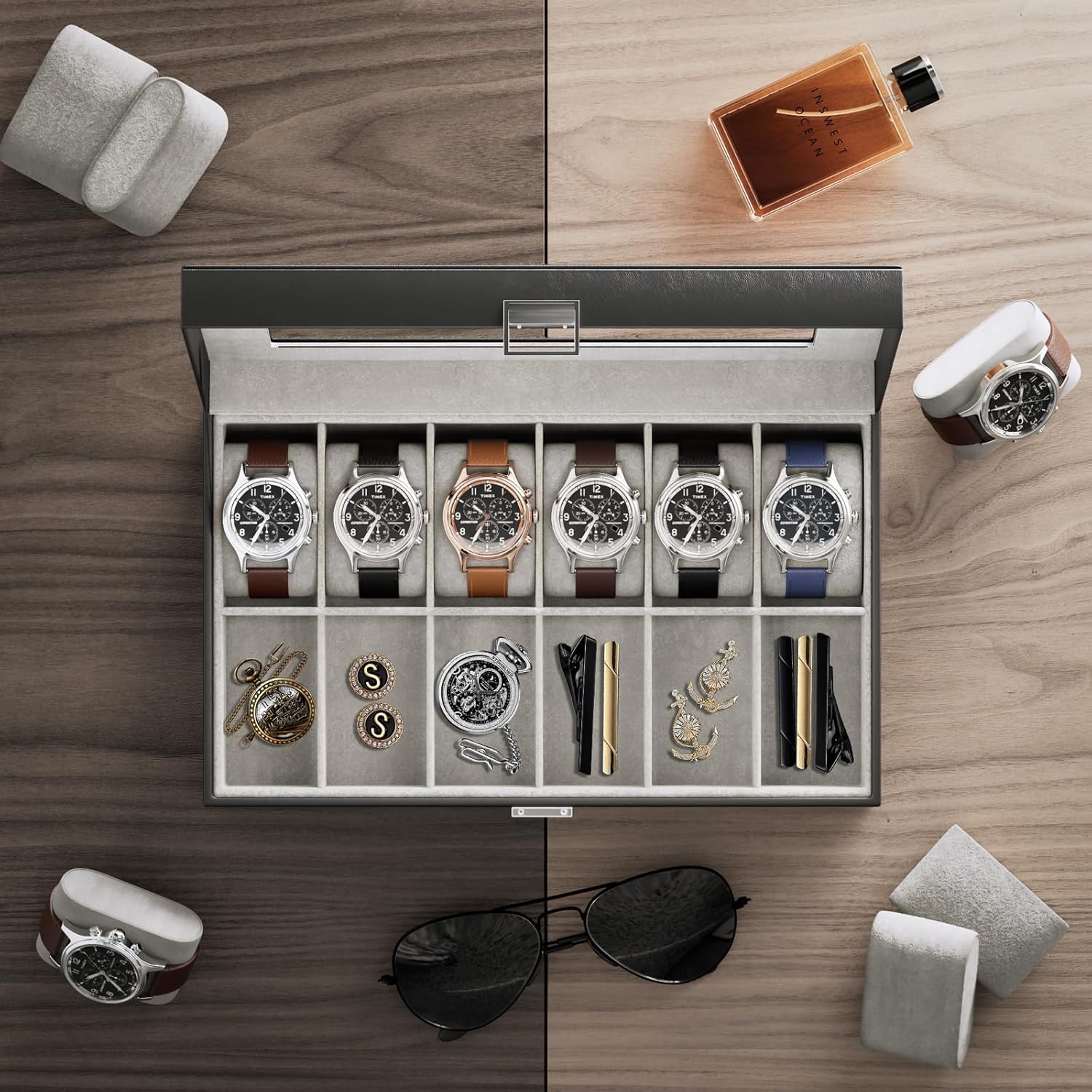 Watch Box Organizer, 12 Slot Watch Display Case With Glass Lid, Watch Storage Holder Mens Watch Case, Anniversary Birthday Valentine Gifts for Men Women -12 Slot, Black