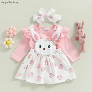 Adorable Easter Three-Piece Set for Baby Girls - Pink Long-Sleeved Ruffled Romper + Polka Dot Bunny Embroidered Dress + Matching Headband, Cute Easter Set for Infants and Toddlers (0-18 M）