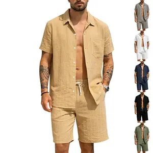 New summer solid jacquard loose striped men’s short-sleeve shirt and beach shorts set; comfortable, breathable, minimalist two-piece men’s short-sleeve top and shorts set. #SummerVibes #Father’sDayGift