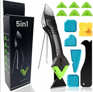 5-in-1 Silicone Caulking Tool Kit with 6 Exchangeable Silicone Pads, Adhesive Residue Scraper, Grout Removal & Sealant Finishing Functions for Kitchen, Bathroom