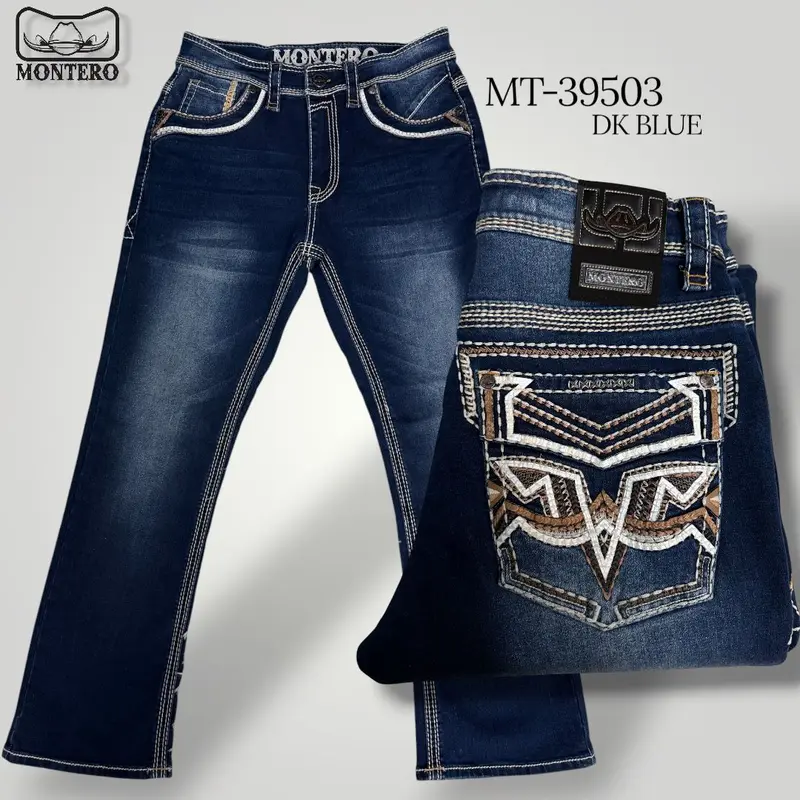 Montero Men's Blue Cotton/Spandex Pocket Jeans, Modern Bootcut Mens Clothing Bottoms - MON 39503