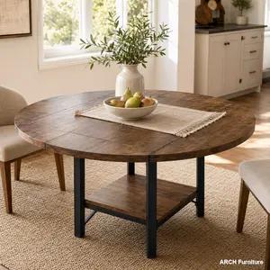 Rustic Farmhouse Expandable Round Wood Veneer Dining Room Table (43-59 in) - Dining Room Inspo, Metal Frame, 4-6 Seats, Tool-Free Assembly, Storage Shelf, Brown & Black Indoor Furniture (No Chairs)