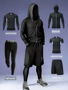 Men's 5 Piece Sports Set, Breathable Mesh Long Sleeve Tee, High Elasticity Compression Pants, Quick-Dry Hoodie & Shorts