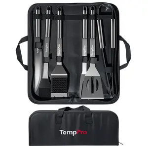 TempPro 6-Piece Barbecue Utensils Set with Fork, Grill Brush, Cast Iron Burger Press, Stainless Steel Grilling Tools for Home & Outdoor Cooking,Heavy-Duty(AGT700)