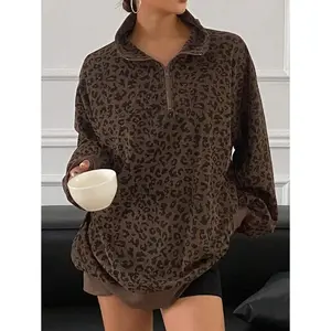 Women's Casual Zip Up Front Long Sleeve Leopard Print Sweatshirt Pullover Hoodie in Brown Polyester Fabric for Spring Fall