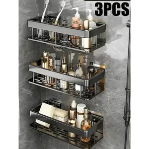 3PCS Aluminum Shower Shelf, Adhesive Bathroom Shelves, No Drilling Required Wall Mounted Rust-Proof Decorative Bathroom Storage And Organizer, 1/2/3Pack, Black/Silver