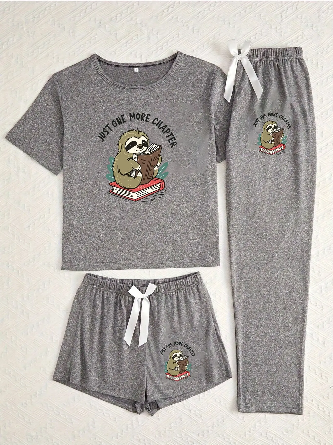 Three-Piece Pajama Set for Women, Letter and Sloth Print, Casual Fitted Sleepwear, All-Season Comfortable Nightwear, Cozy Loungewear