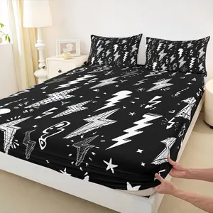 Homewish Lightning Fitted Sheet Hand Drawn Doodle Lightning Bolt Bedding Set 2pcs for Kids Boys Thunderbolts Sheet Set Microfiber Bed Sheet Set (1 Fitted Sheet + 1 Pillow Case) Twin Size