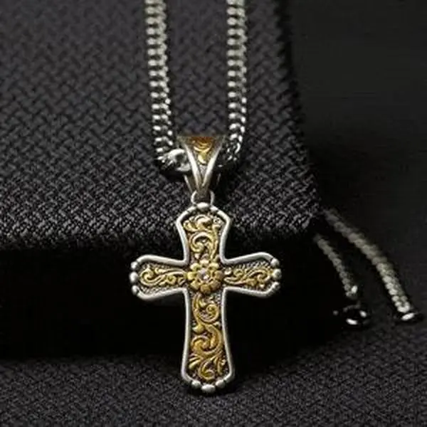Twister Male Gold Cross Pendant Necklace with 22" Cuban Link Chain, Antique Gold Finish, Exquisite Floral Scroll Design, Exquisite Chain Jewelry, Men's Fashion Accessory, Crucifix Necklaces, Cuban Link Necklaces