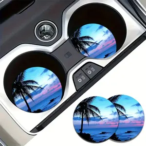 2-Pack Tropical Sunset & Coconut Tree Car Cup Holder Coasters - Non-Slip Shockproof Rubber Drink Coasters with Vibrant Palm Tree Ocean Design, Durable Car Accessories, Car Interior Decoration & Unique Gift for Beach Lovers