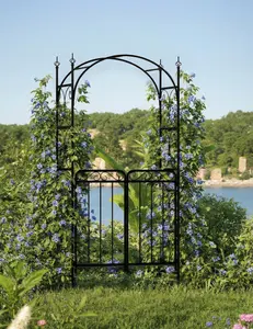 GAOMON 8FT Metal Garden Arbor with Gate, Outdoor Archway Trellis for Climbing Roses, Vines, Backyard, Patio & Wedding Decor, Black