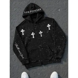 Men's zipper hooded sweatshirt, fashionable star shining fashion hooded casual street wear sweatshirt, loose casual long sleeved pullover, suitable for autumn and winter clothing, thick and soft fabric, men's top, suitable for daily wearRAIMENTRY