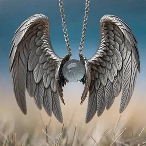Angel Wings Crystal Ball Pendant Necklace, Vintage Silver Tone Cracked Glass Orb Wing Necklace, Gothic Witchy Jewelry for Men Women