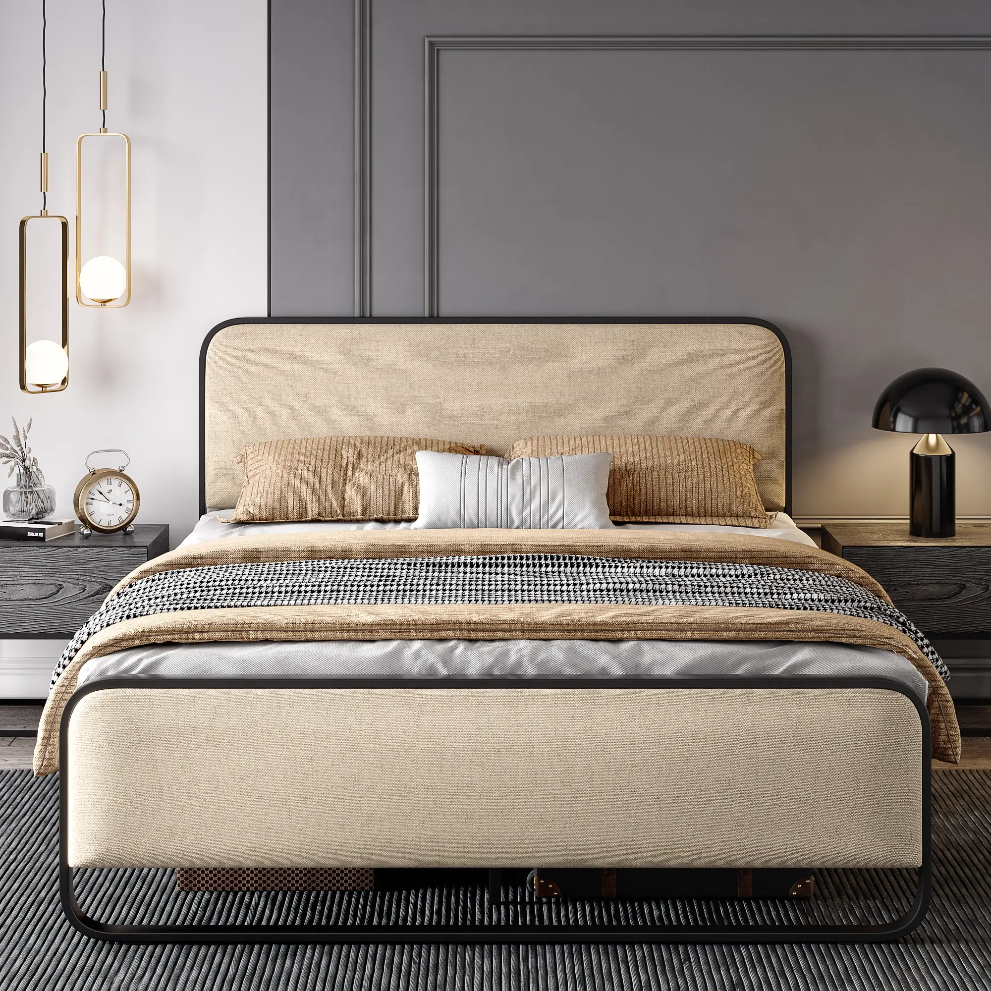 SHA CERLIN Linen Fabric Upholstered Platform Bed Frame with Metal Frame, Curved Modern Headboard and Footboard【Frame Only No Mattress】, Large Under Be