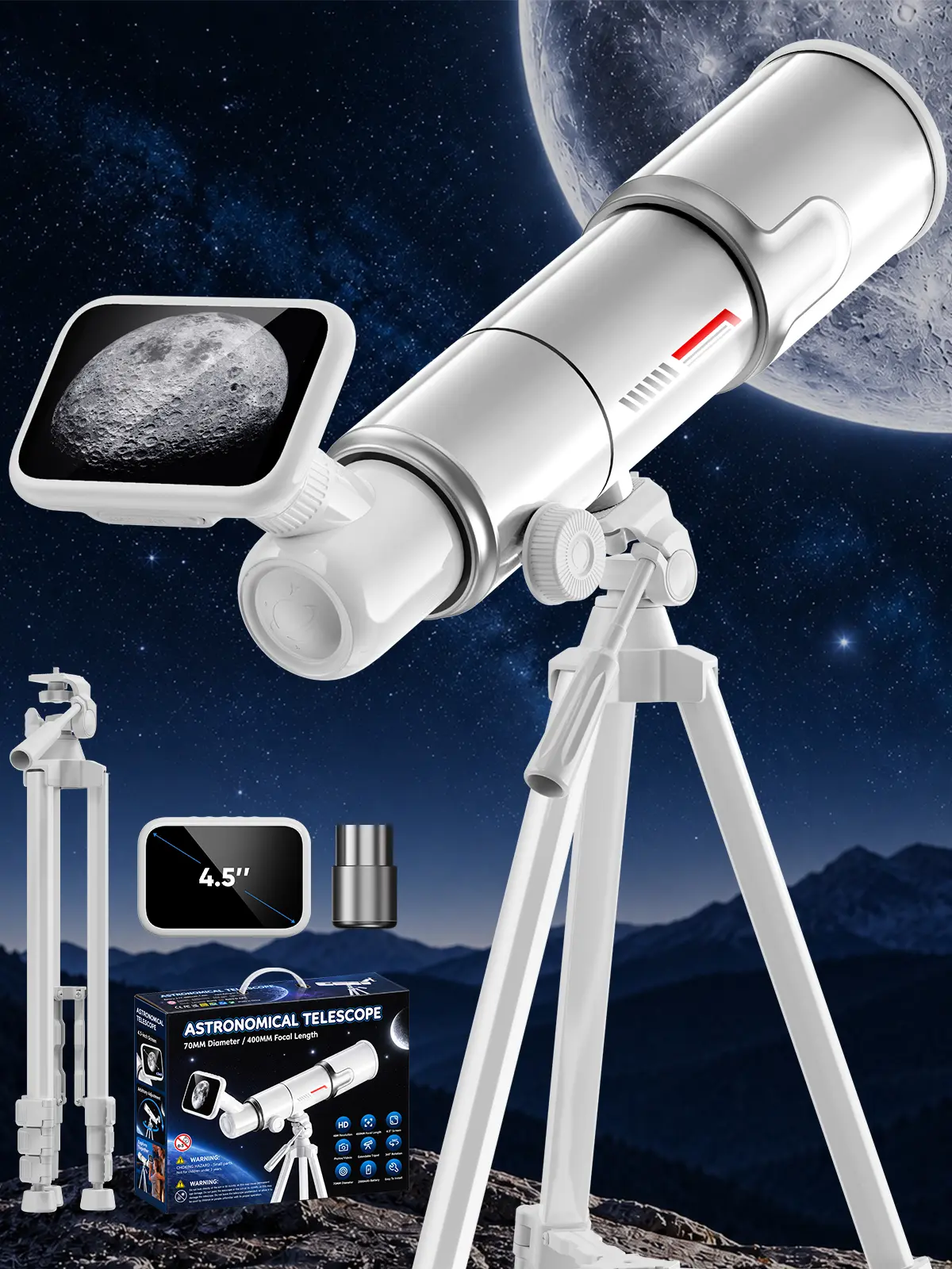 Christmas MINENER Astronomical Refracting Telescope, 70mm Large Aperture, 400mm Focal Length, 4.5-Inch HD Display, 48MP, 360° Adjustable AZ Aluminum Mount Tripod, Rechargeable Battery, for Bird Watching, Long-Distance Photography