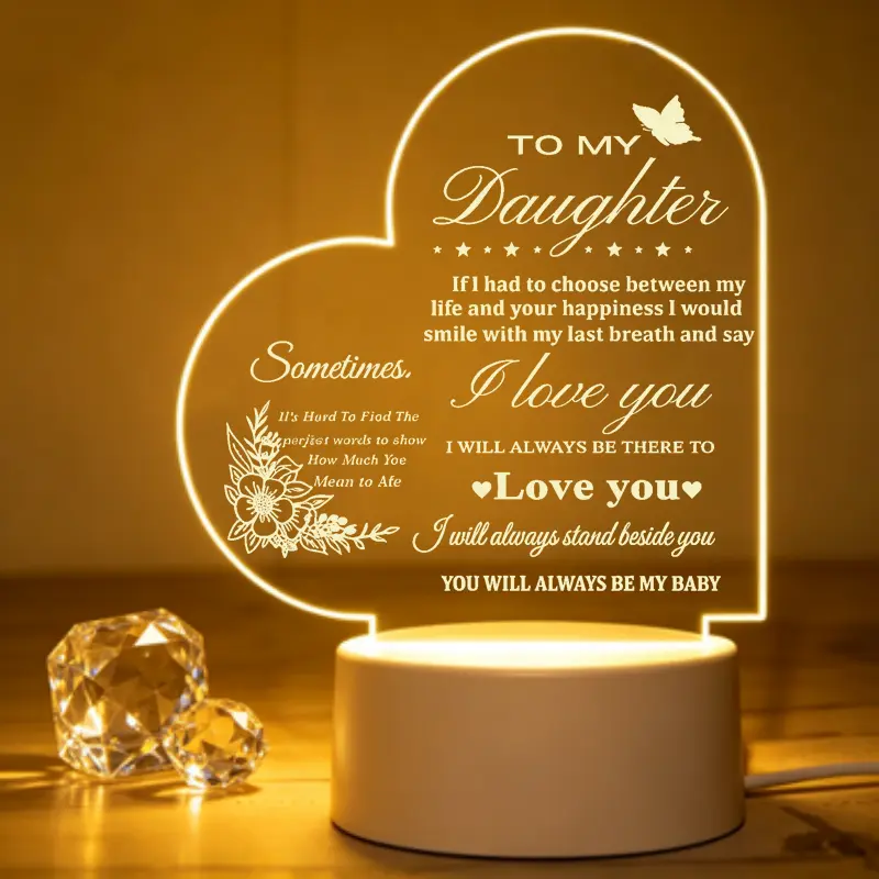 To My Daughter Acrylic Heart Warm LED Night Light - Floral Butterfly Engraved Table Lamp, Sentimental Gift Heartfelt Token for Daughter from Mom Dad, Creates Cozy Ambiance Bedroom Desk Decor Keepsake (Birthday/Christmas Graduation Occasions)