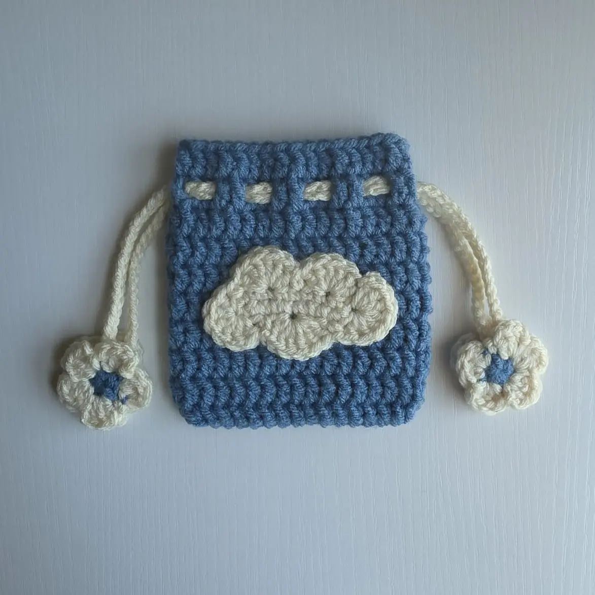 Cloud Bloom Crochet Drawstring Pouch Handmade Cloud-Themed Pouch with Floral Drawstring Ends Cozy Whimsical Aesthetic Design for Small Essentials