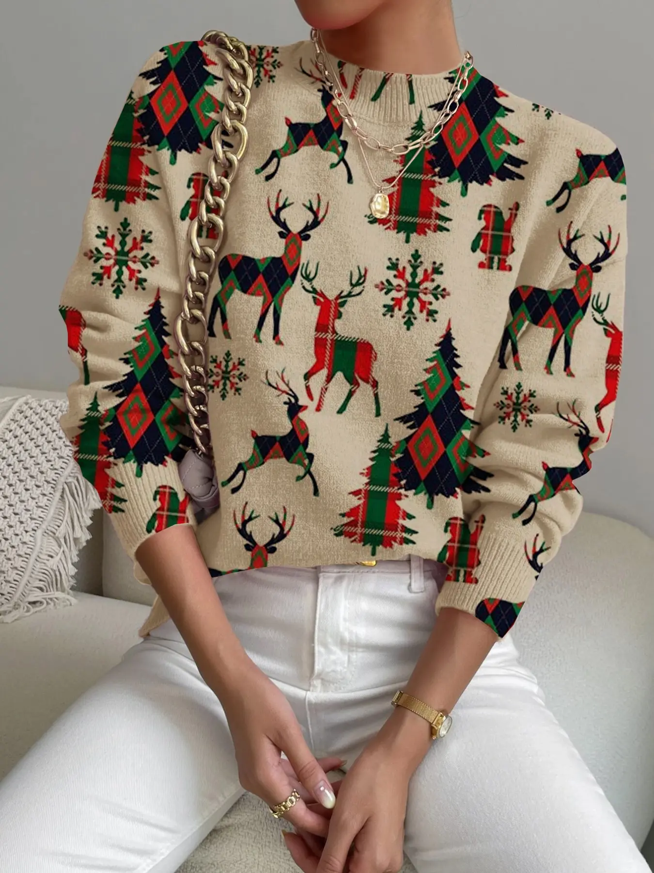 Women's Christmas Deer Print Stand Collar Sweater, Fall Winter Casual Long Sleeve Knitwear, Comfortable Warm Daily Wear