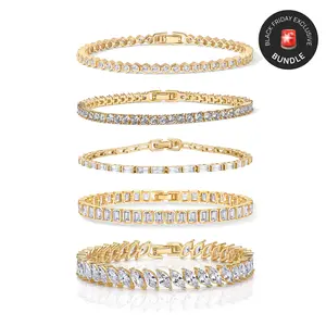 PAVOI Ultimate Sparkle Bracelet Stack - 14K Gold Plated Five Pack Tennis Bracelets for Women – Marquise, Emerald, Baguette, Honeycomb, and Classic Cubic Zirconia Designs - Tennis Bracelet Set for Bridal, Wedding & Everyday Wear