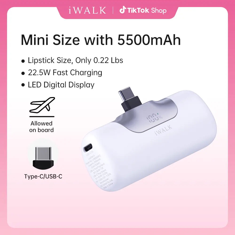 iWALK 5th Gen Mini Plug-in Power Bank 5500mAh 22.5W USB-C Fast Charging with SenseForce Tech Smart LED Display for iPhone Android Travel Use summervibes tiktokshopspringglowup - Digital, Usb Battery Adapter, Charger summerwins,summerwins