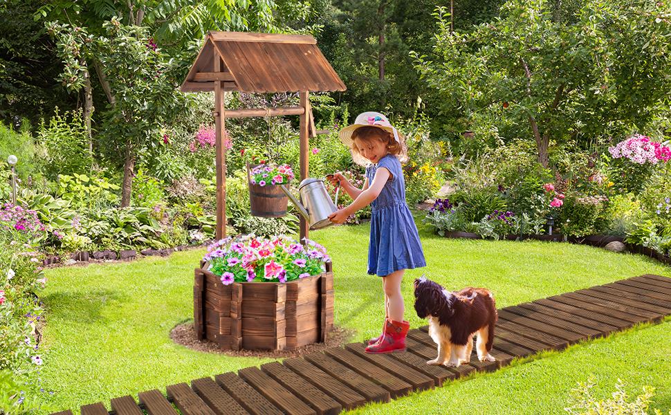 VINGLI Oversized 22IN W 8FT L Wooden Garden Pathway for Outdoors, Roll Out Garden Pathway Walkway Flooring W/Steel Wire, Anti-Slip Texture, Ground Stakes, Outside Walkway for Patio, Wedding