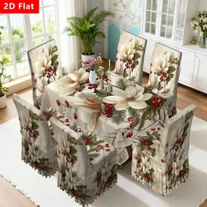 2/4/6/5/7Counts,Elegant Floral Skirt Chair Covers + Romantic Vintage Tablecloth Set, Perfect for Dining Home Kitchen Party, High-Quality, Easy Installation